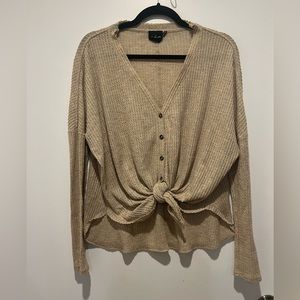 Urban outfitters tan waffle knit long sleeve button up with tie front detail